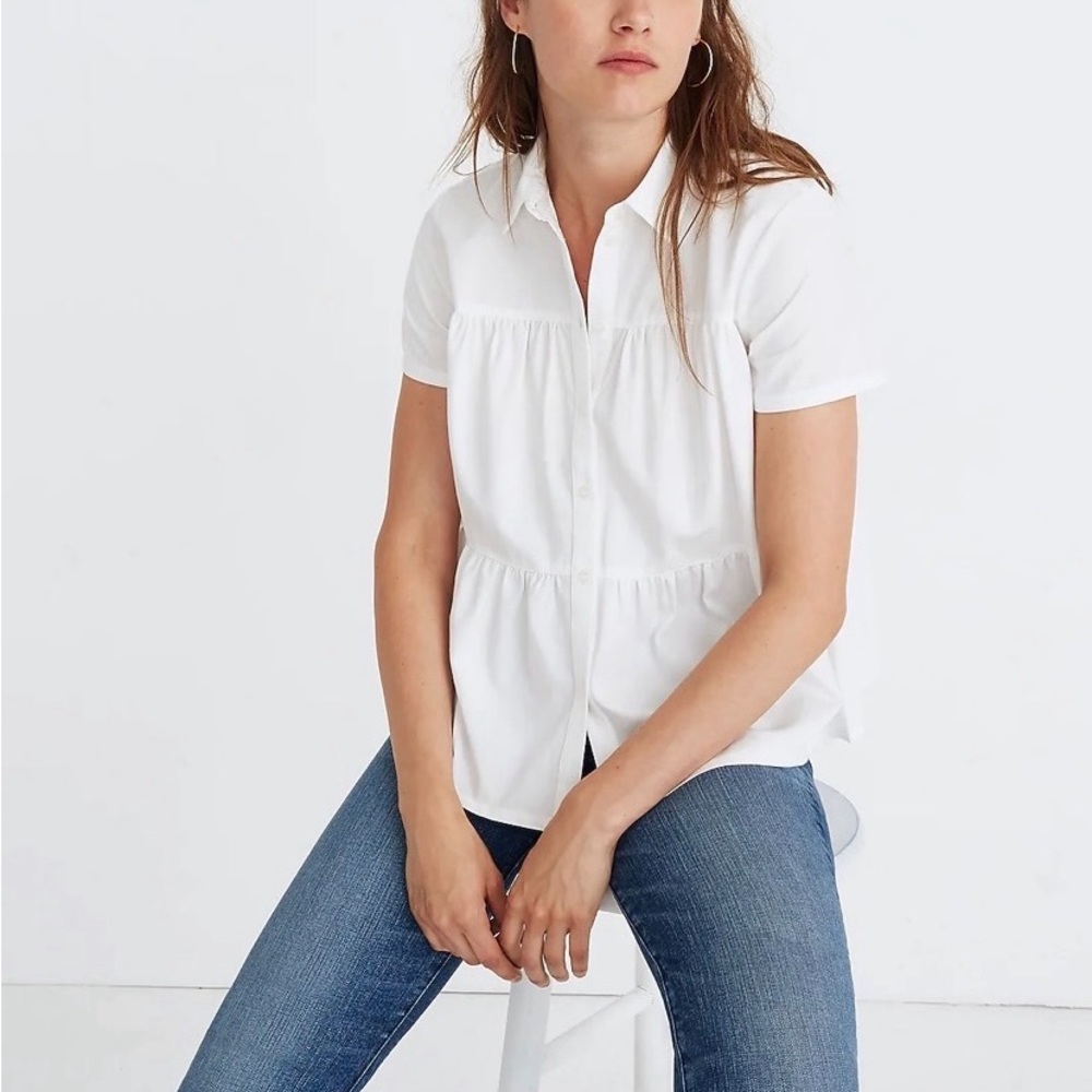 Madewell White Tiered Seamed Button Down Top